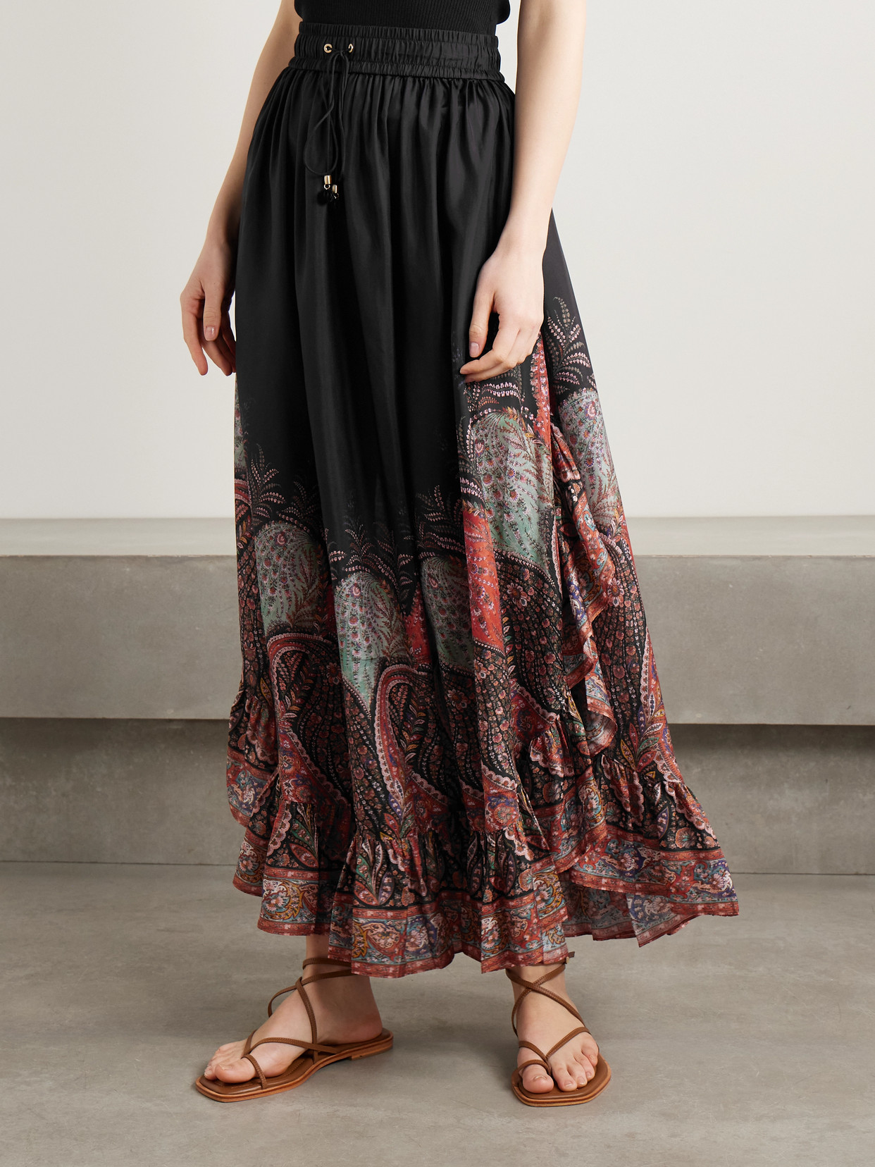 Zimmermann Rhiannon Ruffled Paisley-print Organic Silk Maxi Skirt In Black