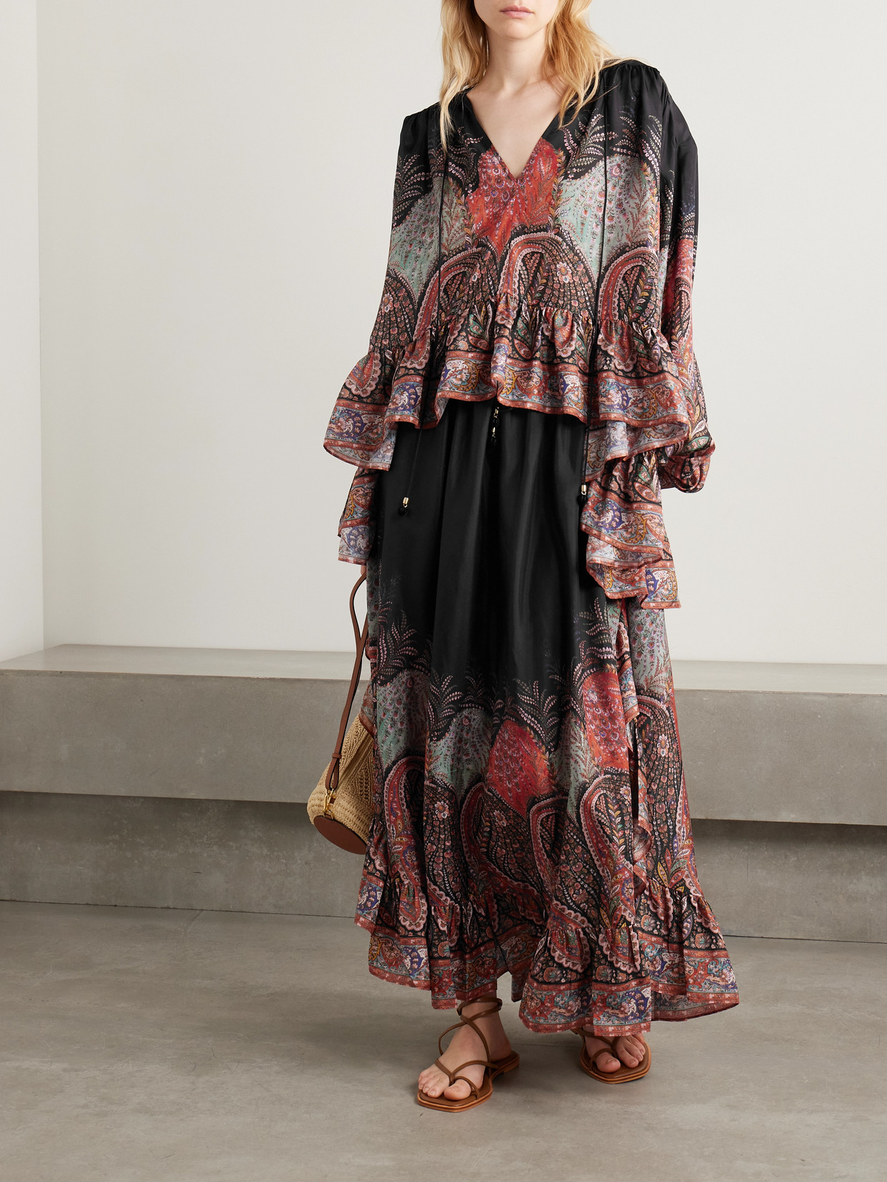Zimmermann Rhiannon Ruffled Paisley-print Organic Silk Maxi Skirt In Black
