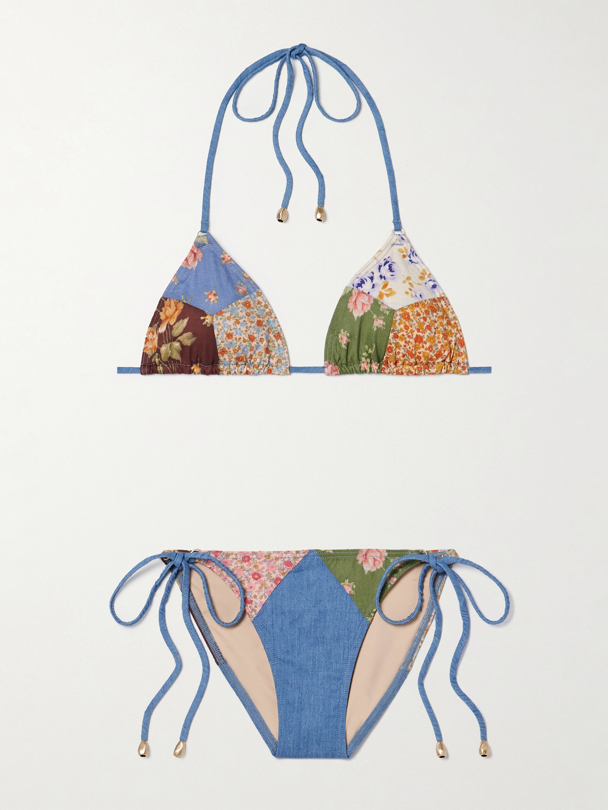 Zimmermann Lucky Patchwork Floral-print Cotton And Chambray Triangle Bikini