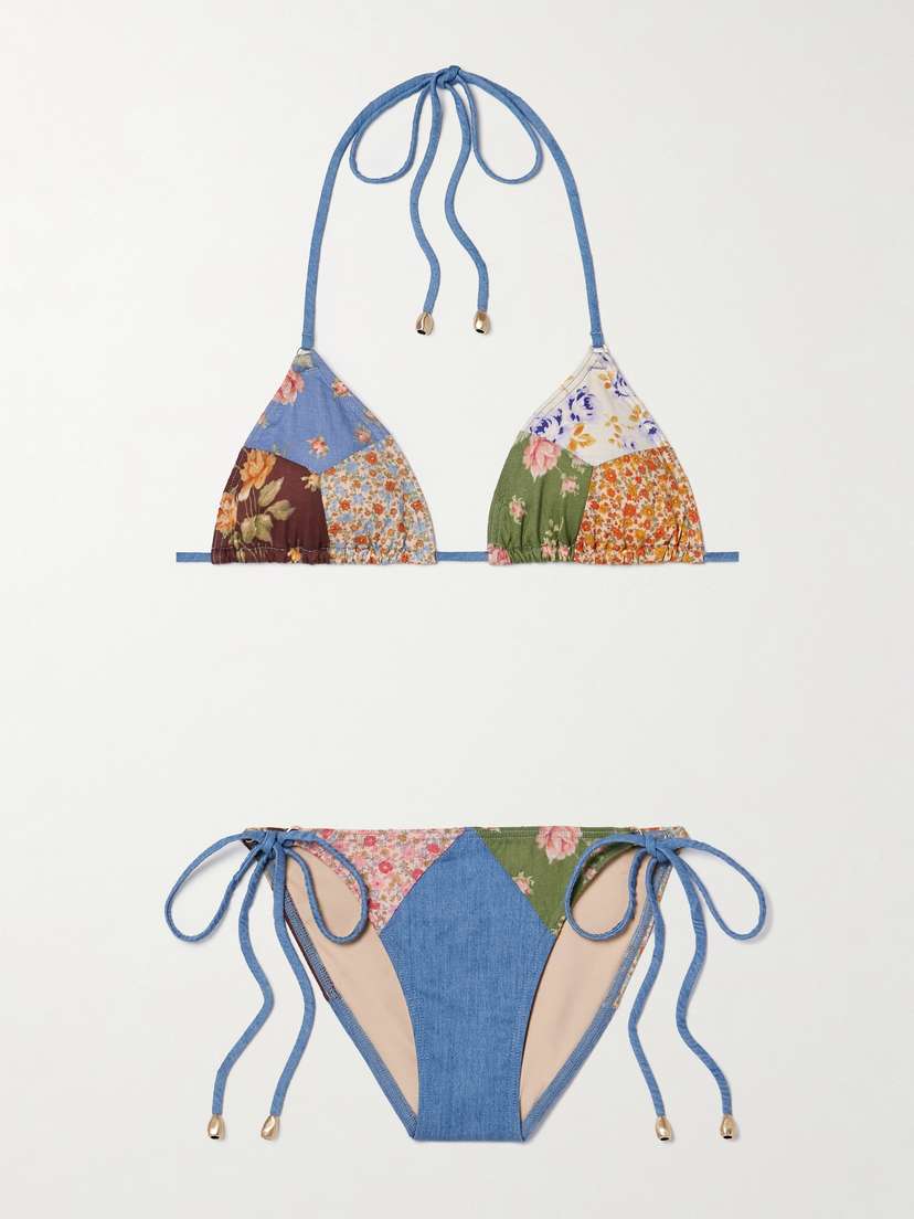 Zimmermann Lucky Patchwork Floral-print Cotton And Chambray Triangle Bikini