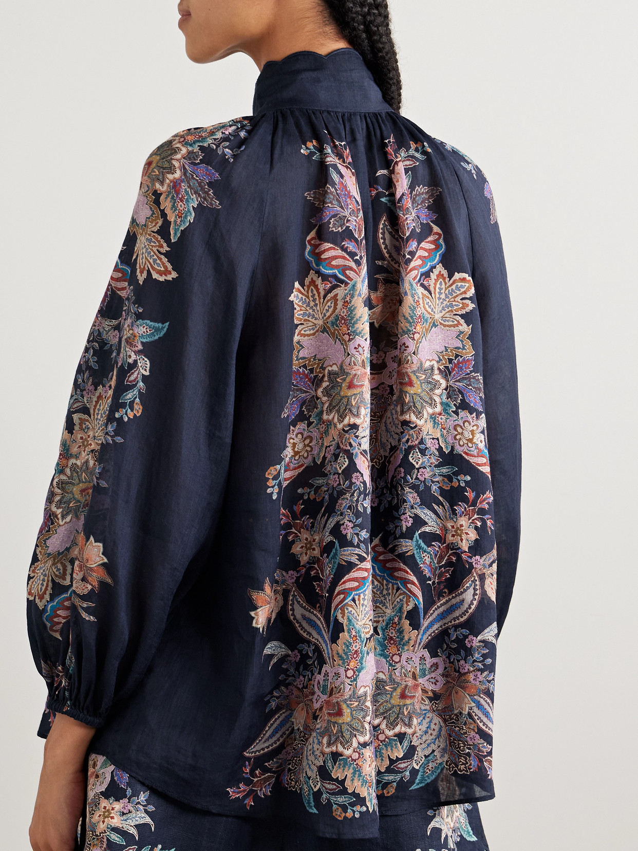 Zimmermann Rhiannon Billow Blue Blouse With High Neck And All-over Paisley Print In Ramie Woman In Blue