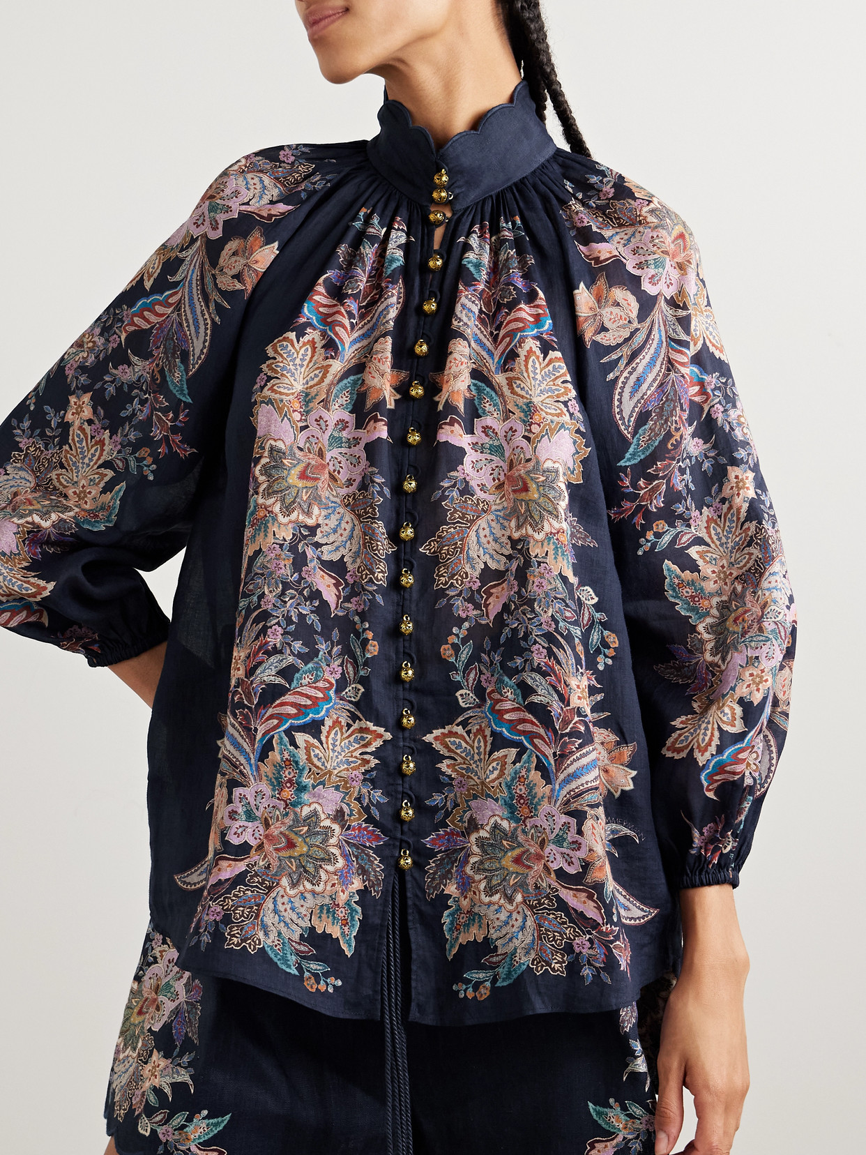 Zimmermann Rhiannon Billow Blue Blouse With High Neck And All-over Paisley Print In Ramie Woman In Blue