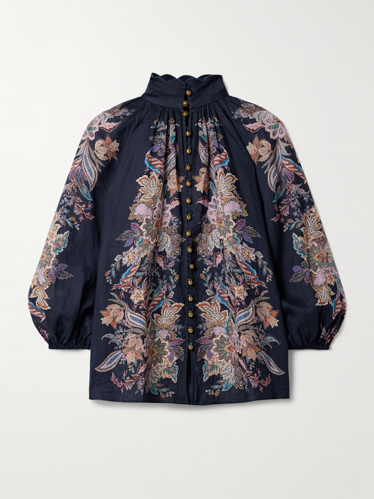 Zimmermann Rhiannon Billow Blue Blouse With High Neck And All-over Paisley Print In Ramie Woman In Blue