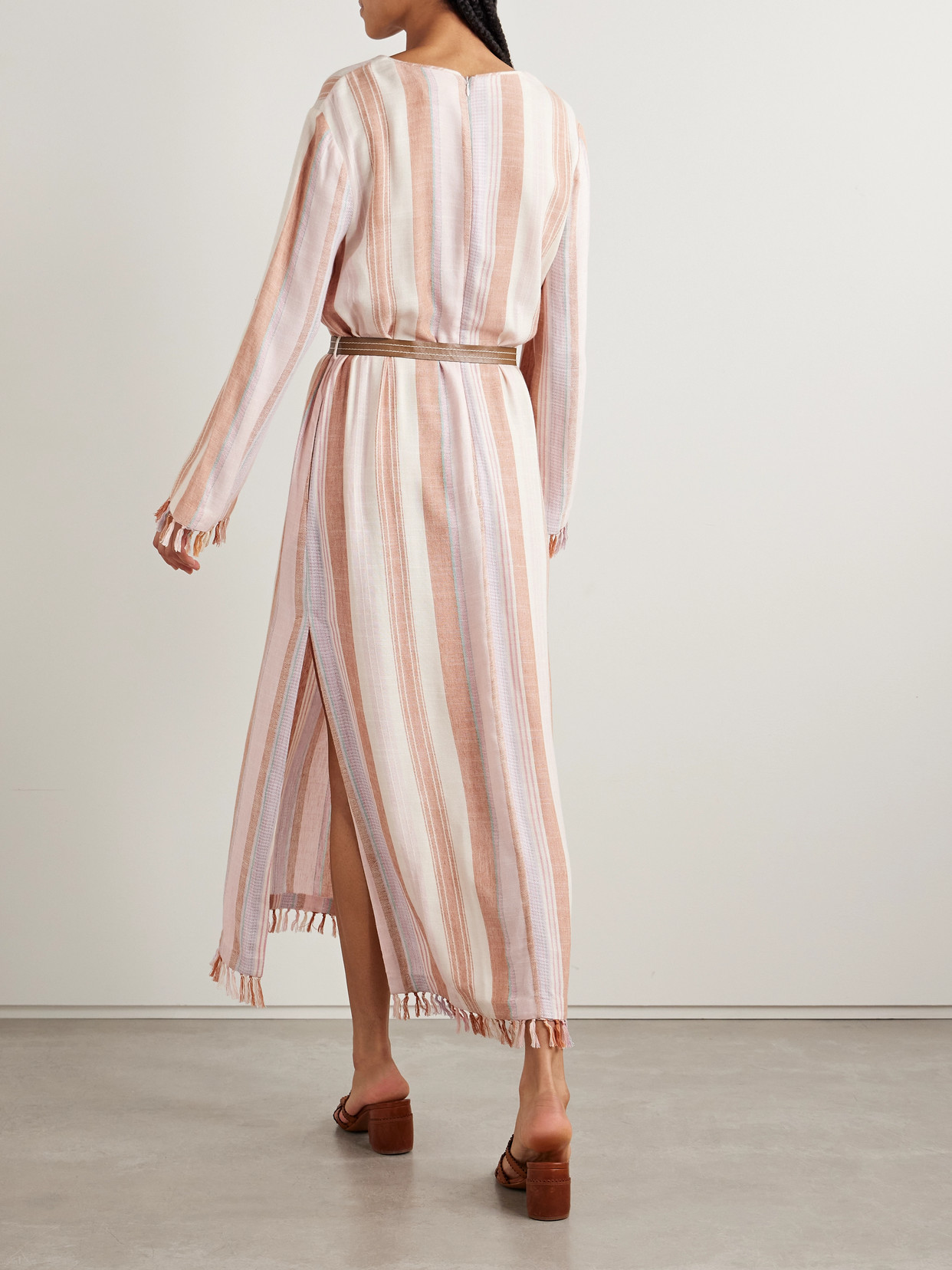 Zimmermann Lucky Belted Tasseled Striped Voile Midi Dress In Neutrals
