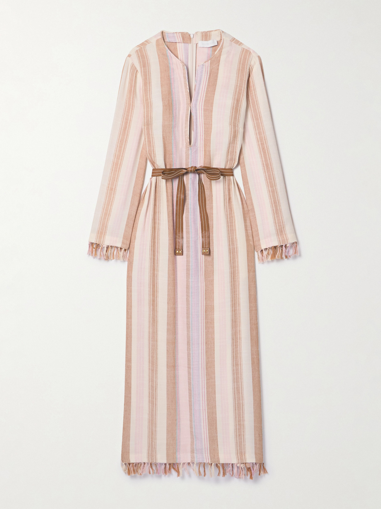 Zimmermann Lucky Belted Tasseled Striped Voile Midi Dress In Neutrals