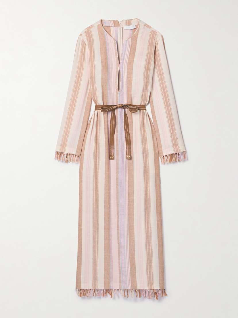 Zimmermann Lucky Belted Tasseled Striped Voile Midi Dress