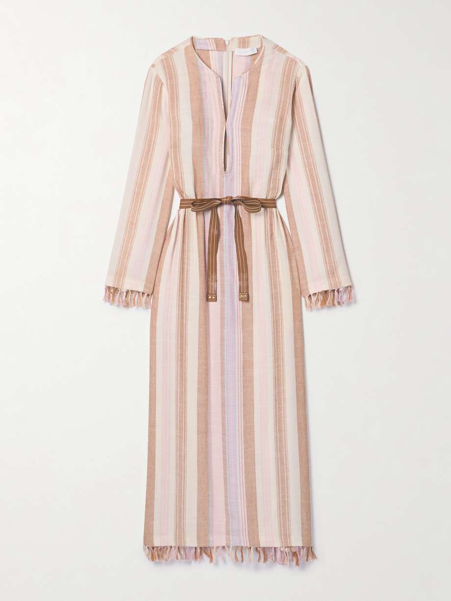 lucky belted tasseled striped voile midi dress