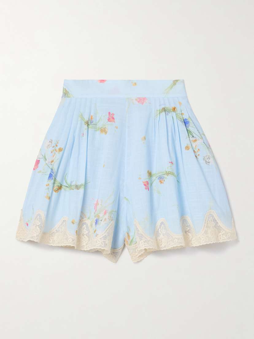 Zimmermann Lucky Lace-trimmed Pleated Floral-print Cotton-voile Shorts