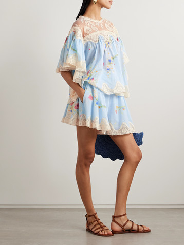 Zimmermann Lucky lace-trimmed pleated floral-print cotton-voile shorts