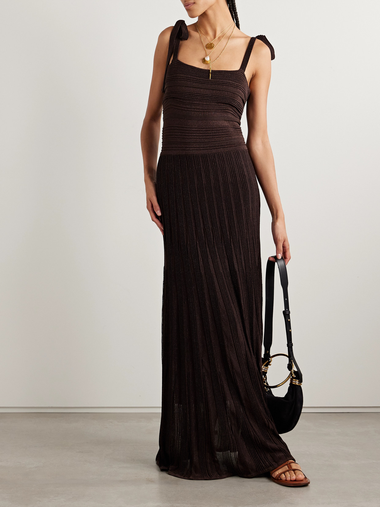 Zimmermann Lucky Metallic Ribbed Stretch-knit Maxi Dress In Brown