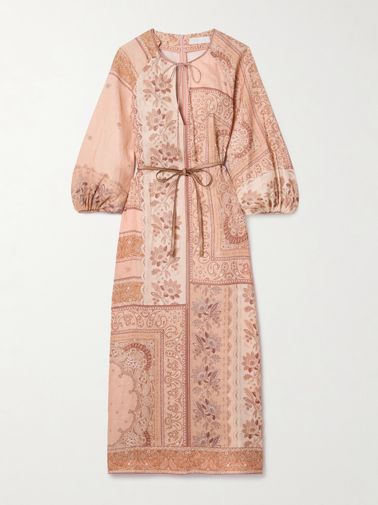 Zimmermann Lucky Leather-trimmed Belted Paisley-print Linen Midi Dress