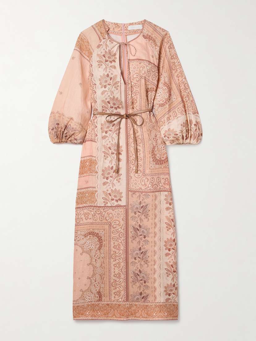 Zimmermann Lucky Leather-trimmed Belted Paisley-print Linen Midi Dress