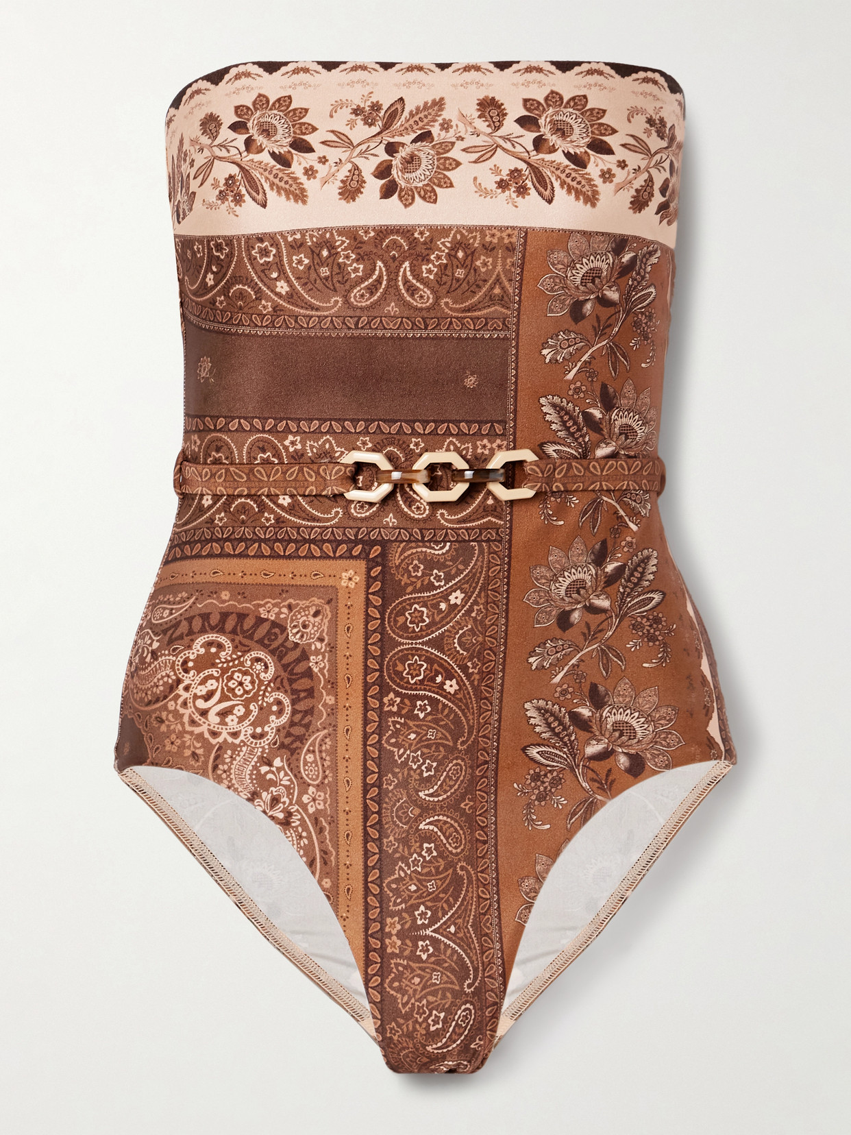 Zimmermann Lucky Strapless Belted Printed Swimsuit In Brown