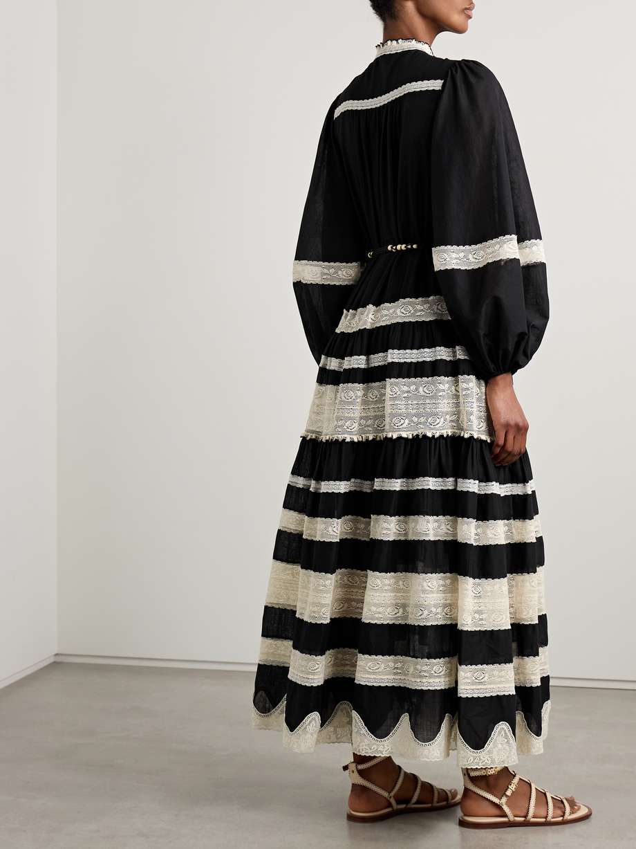 rhiannon belted cotton-voile and lace maxi dress
