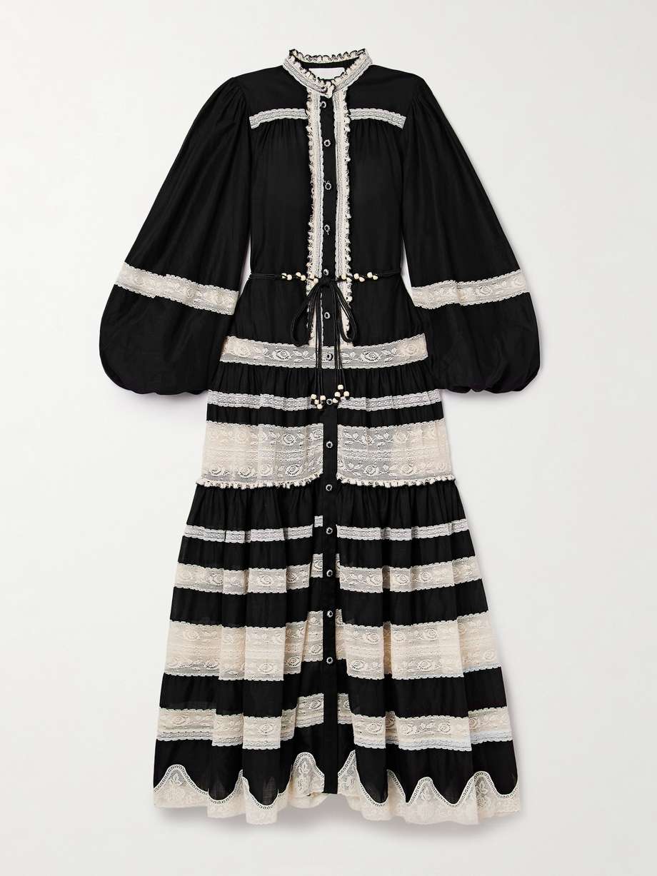 rhiannon belted cotton-voile and lace maxi dress