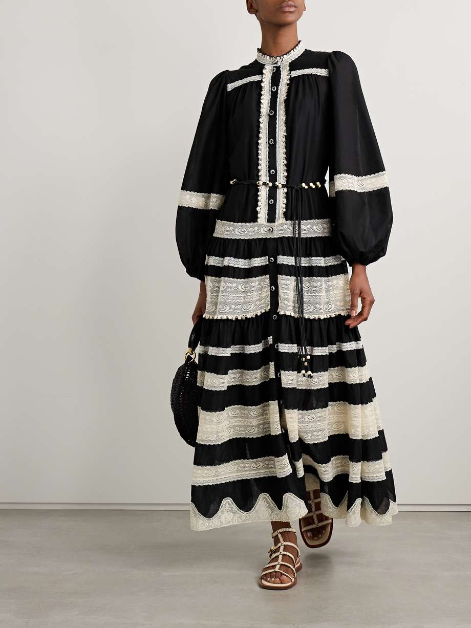 rhiannon belted cotton-voile and lace maxi dress