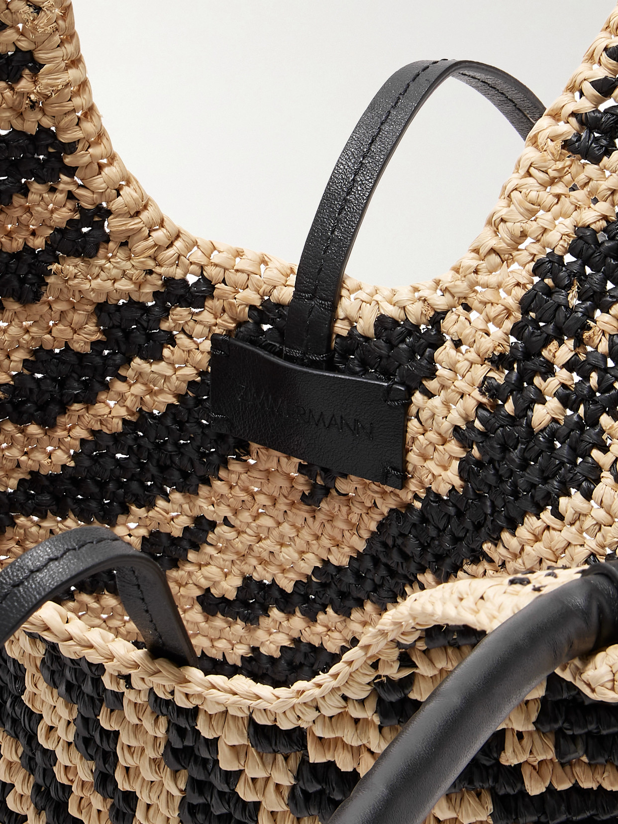 Zimmermann Goldentime Small Leather-trimmed Raffia-jacquard Tote In Neutral