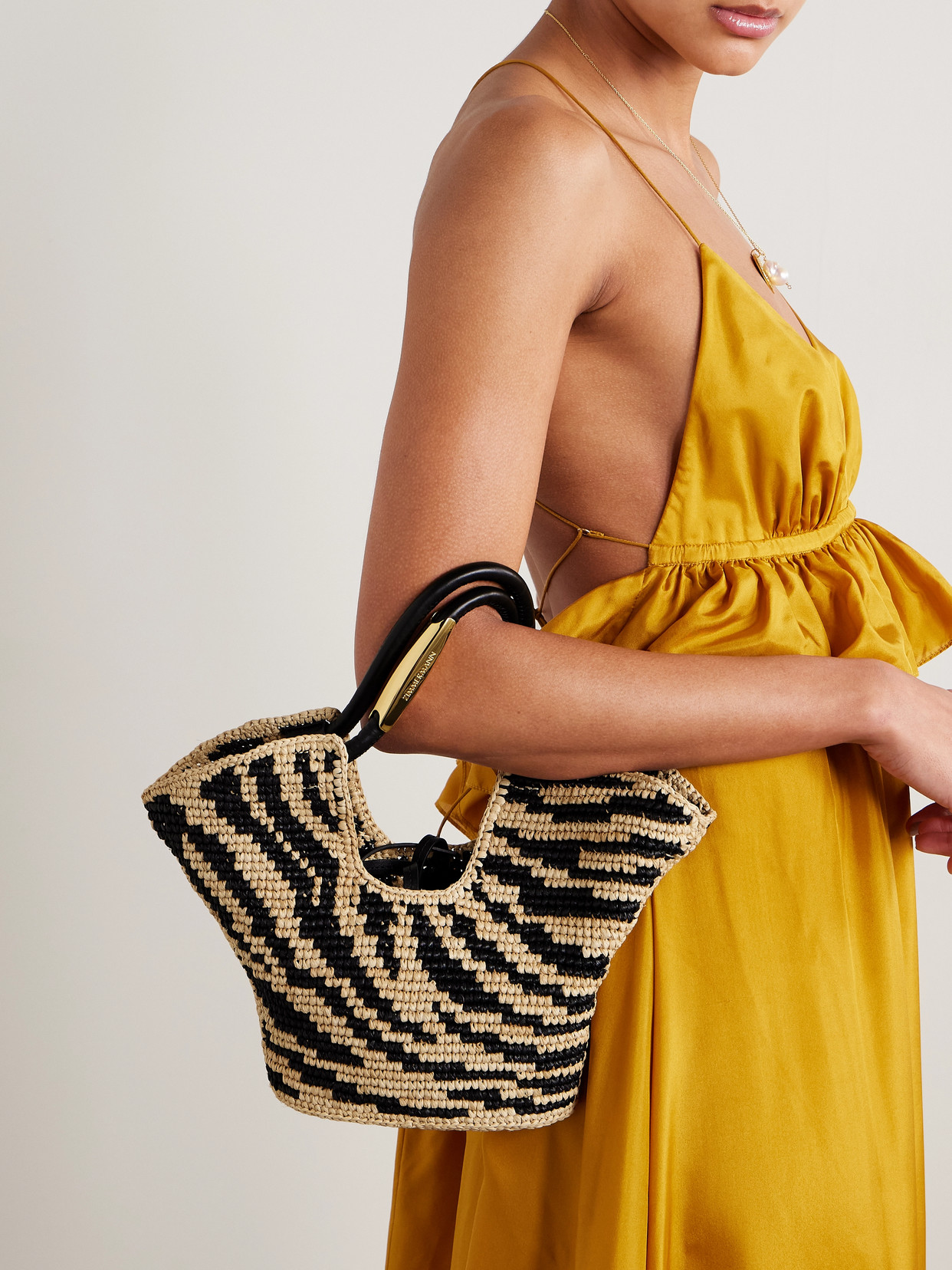Zimmermann Goldentime Small Leather-trimmed Raffia-jacquard Tote In Neutral