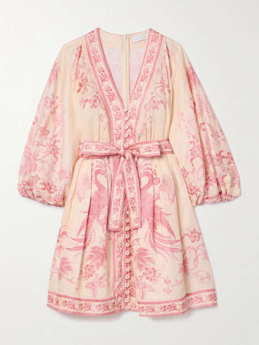 Zimmermann Lucky Belted Printed Linen Mini Dress