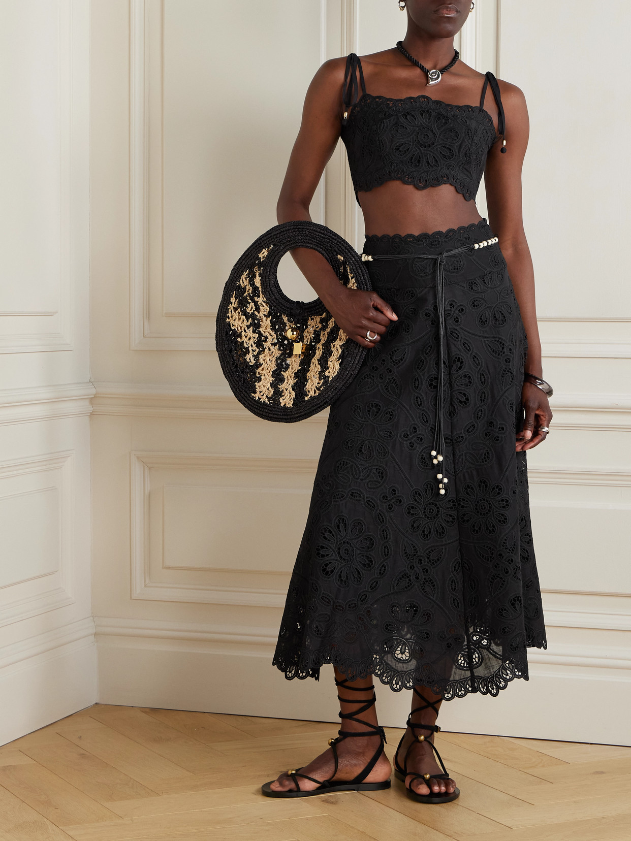 ZIMMERMANN RHIANNON BELTED COTTON-LACE MIDI SKIRT 