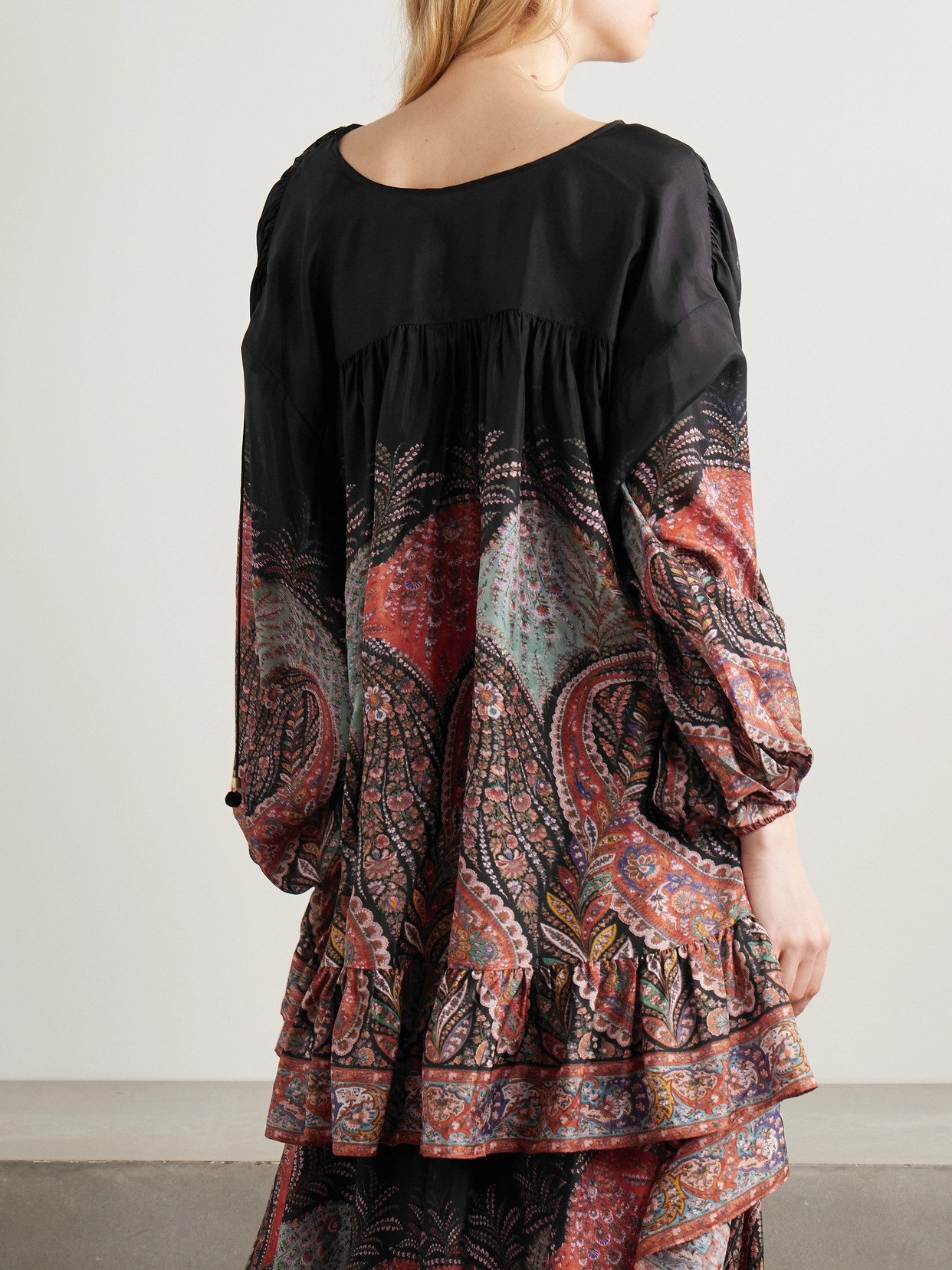 Zimmermann Rhiannon Ruffled Paisley-print Organic Silk Blouse In Black
