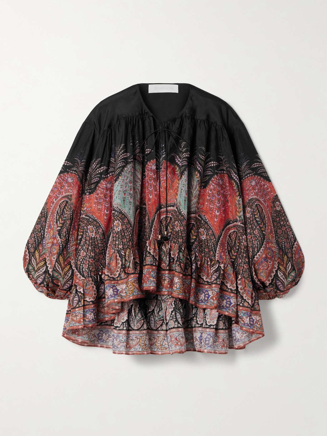 Zimmermann Rhiannon Ruffled Paisley-print Organic Silk Blouse In Black
