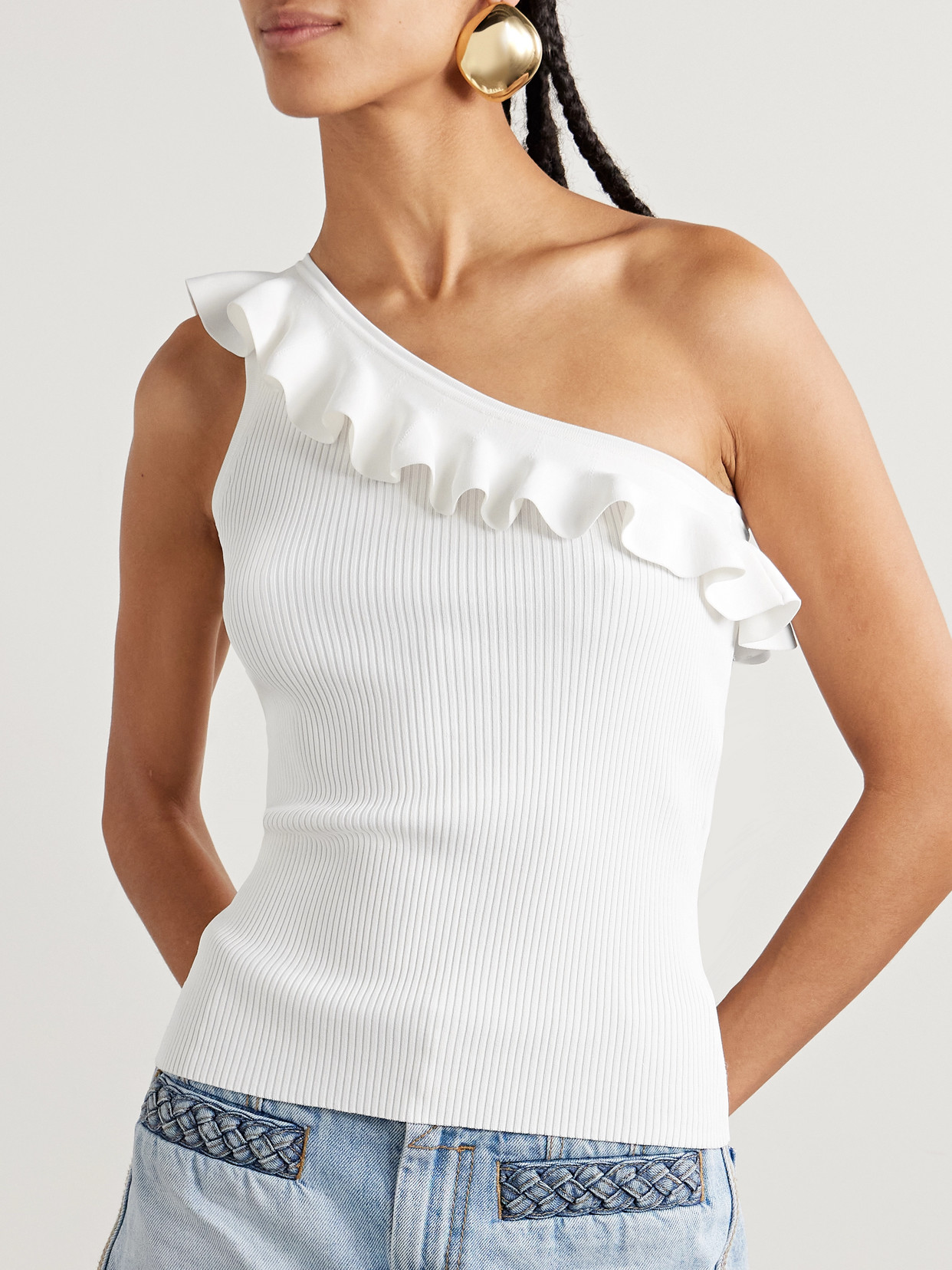 Zimmermann Rhiannon One-shoulder Ruffled Ribbed-knit Top In Ivory