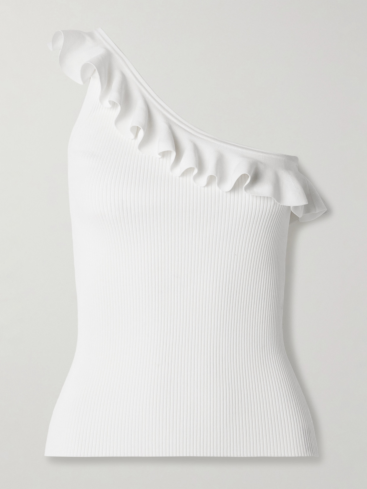 Zimmermann Rhiannon One-shoulder Ruffled Ribbed-knit Top In Ivory