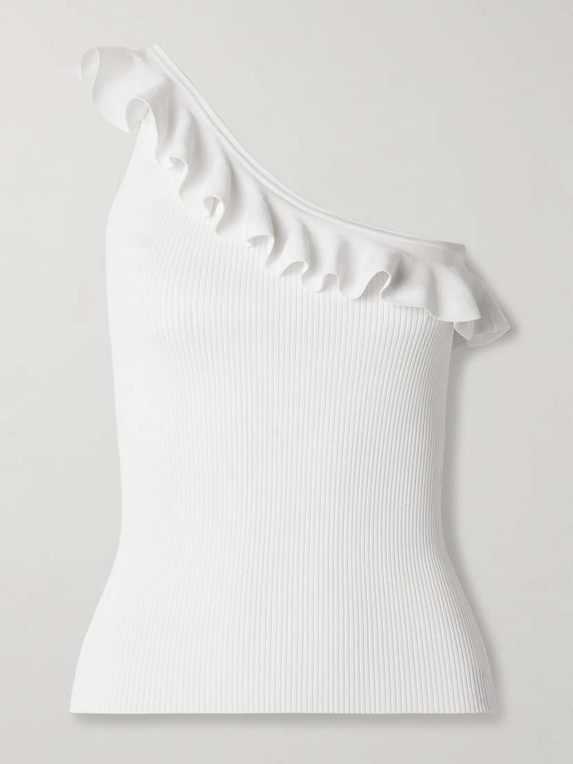Zimmermann Rhiannon One-shoulder Ruffled Ribbed-knit Top