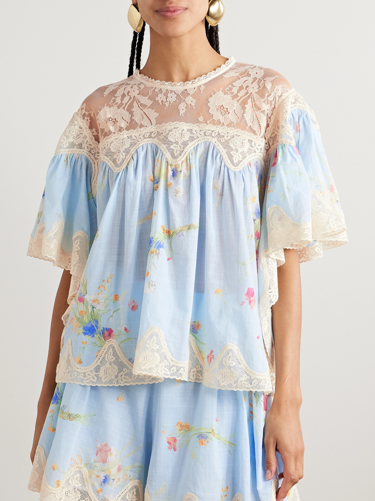 Zimmermann Lucky Lace-trimmed Floral-print Cotton-voile Blouse