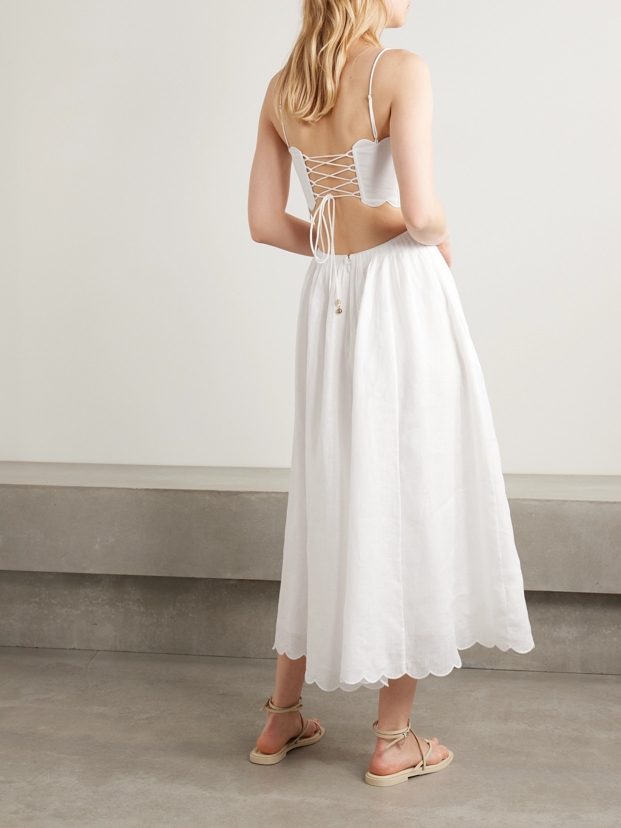 Zimmermann Devi Scallop-edge Cutout Linen-voile Midi Dress In Ivory