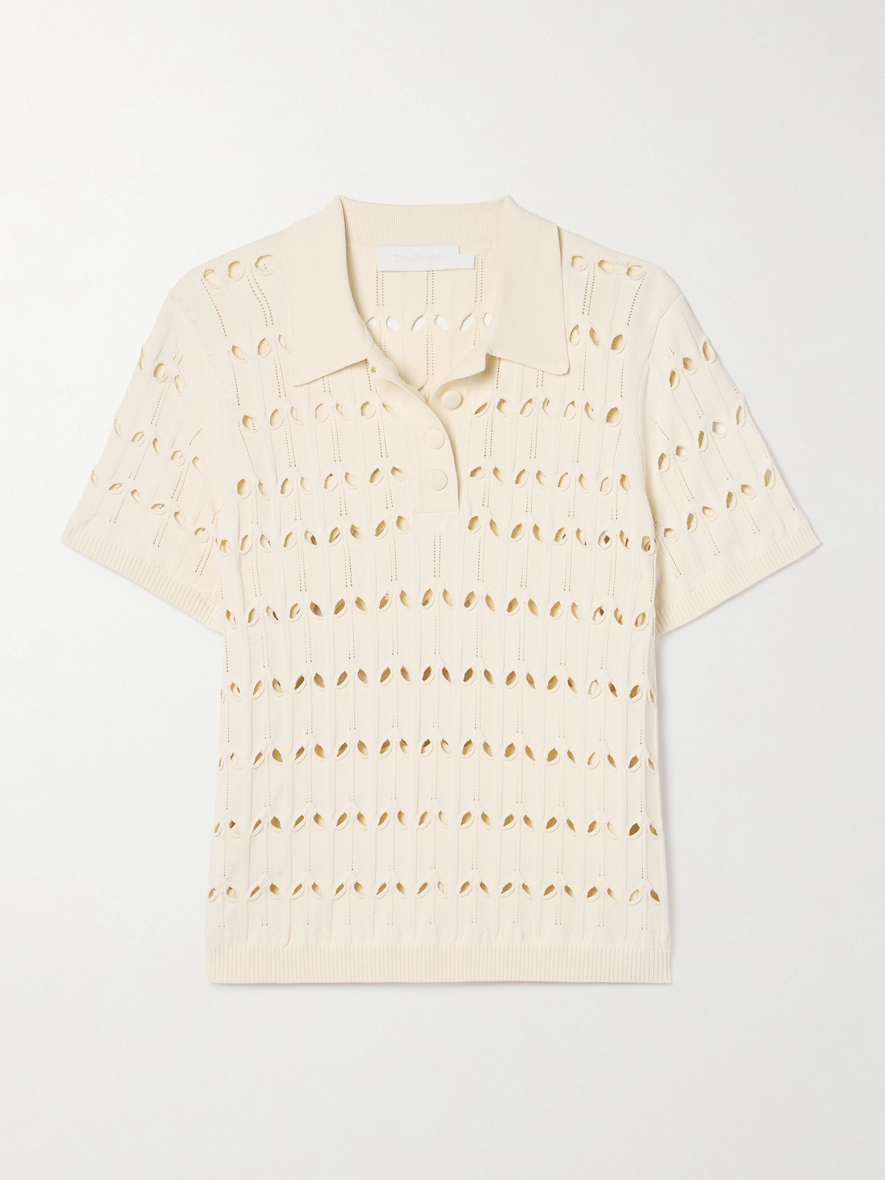 Zimmermann Rhiannon Cutout Pointelle-knit Polo Shirt In Cream