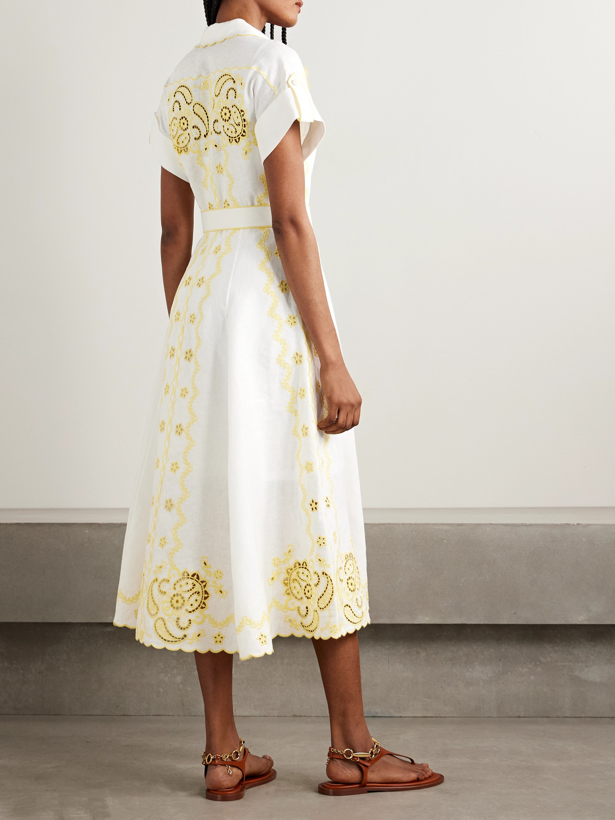 ZIMMERMANN LUCKY BELTED BRODERIE ANGLAISE LINEN MIDI SHIRT DRESS
