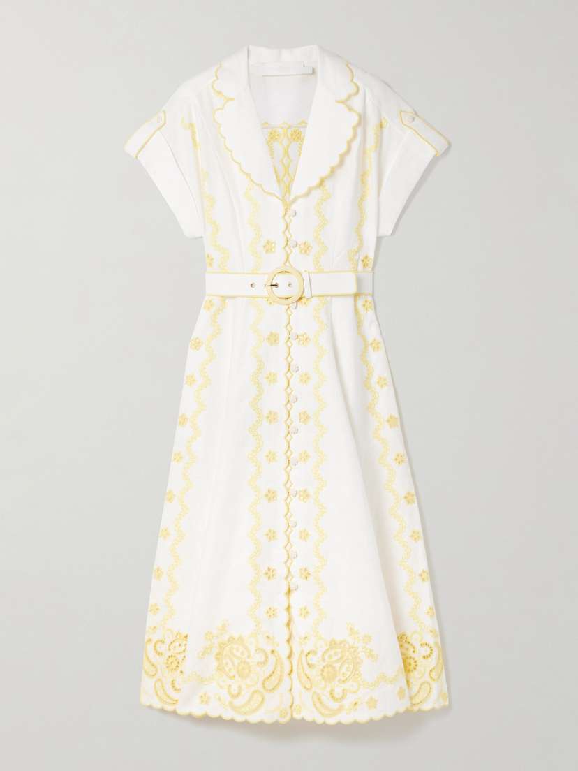 Zimmermann Lucky Belted Broderie Anglaise Linen Midi Shirt Dress