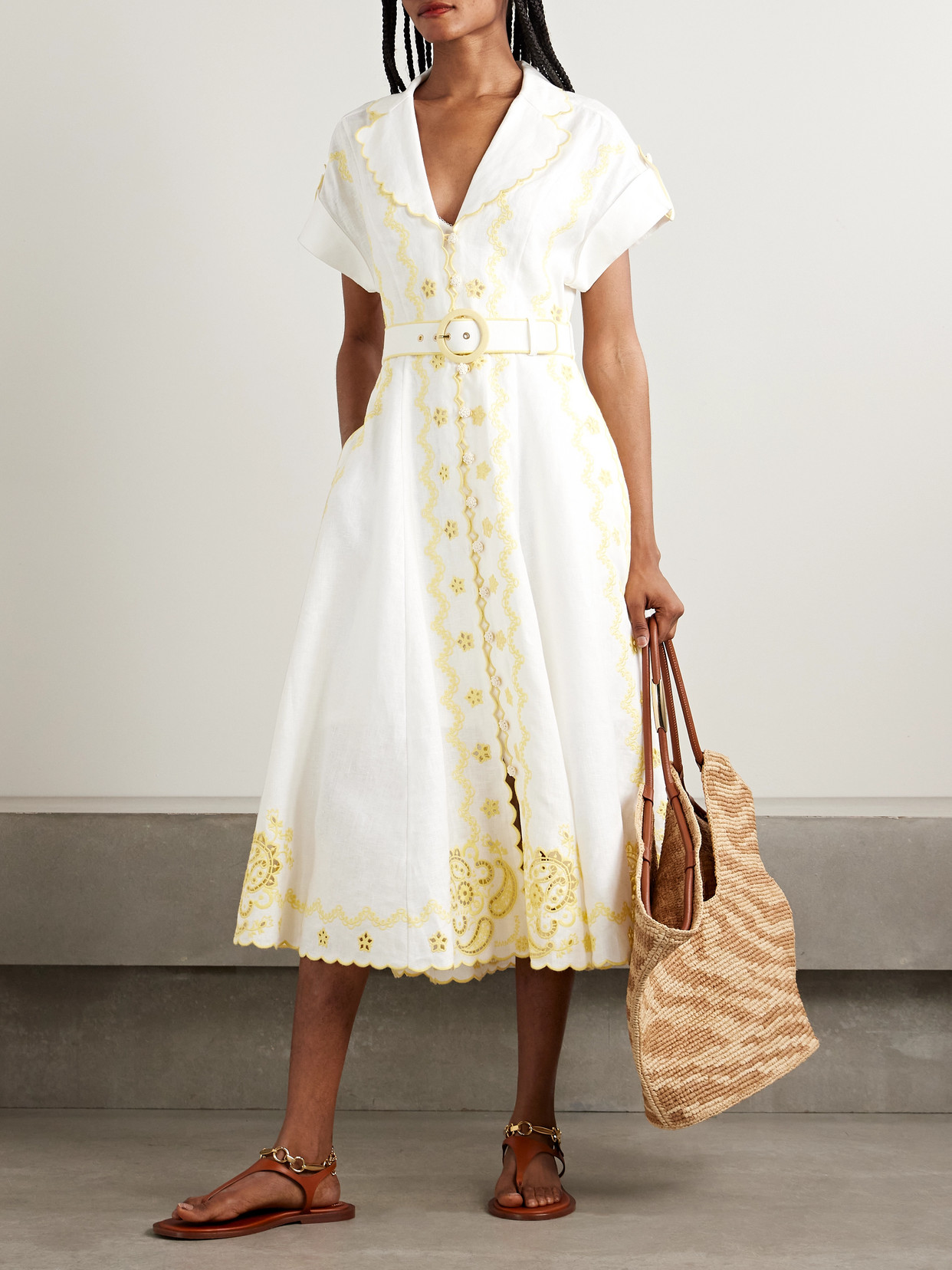 ZIMMERMANN LUCKY BELTED BRODERIE ANGLAISE LINEN MIDI SHIRT DRESS