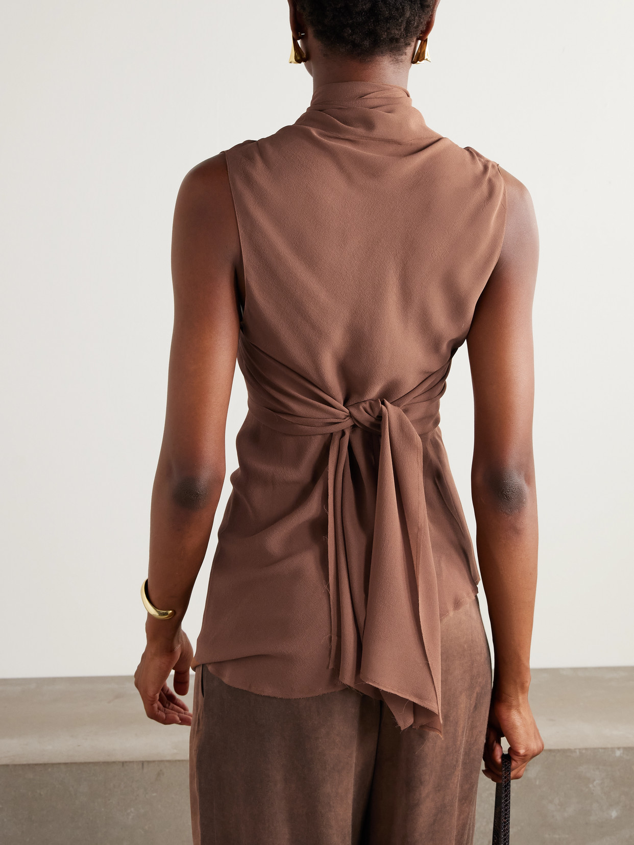 Cortana Serene Asymmetric Draped Silk-crepe Top In Brown