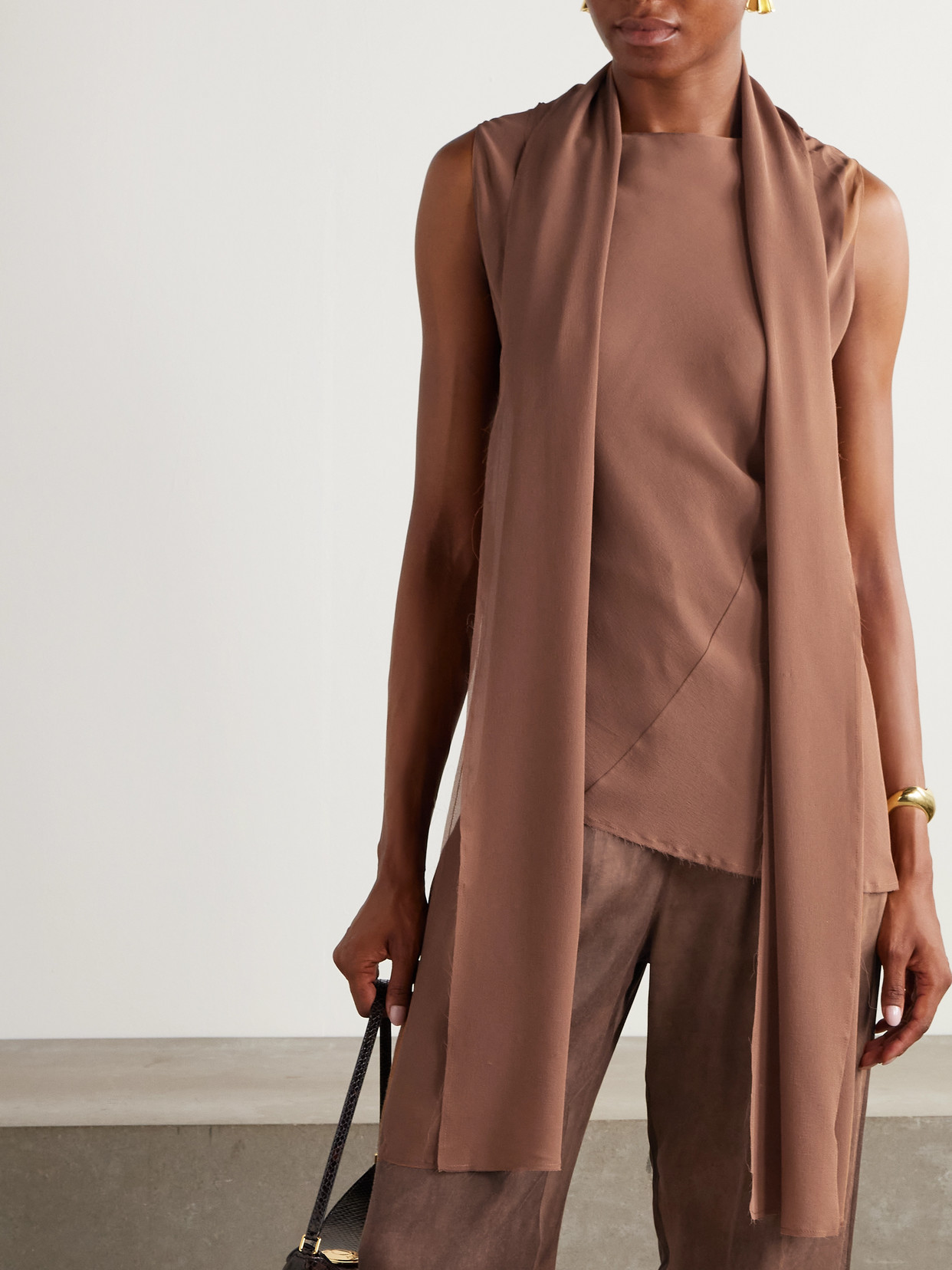 Cortana Serene Asymmetric Draped Silk-crepe Top In Brown