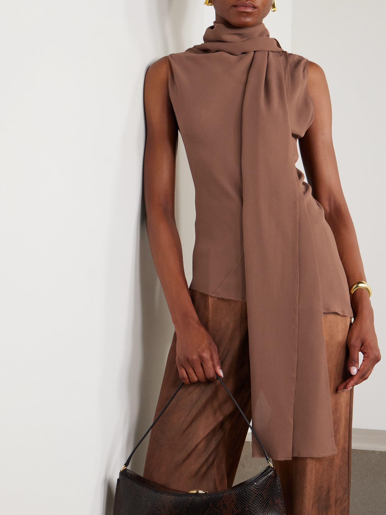 Cortana Serene Asymmetric Draped Silk-crepe Top In Brown