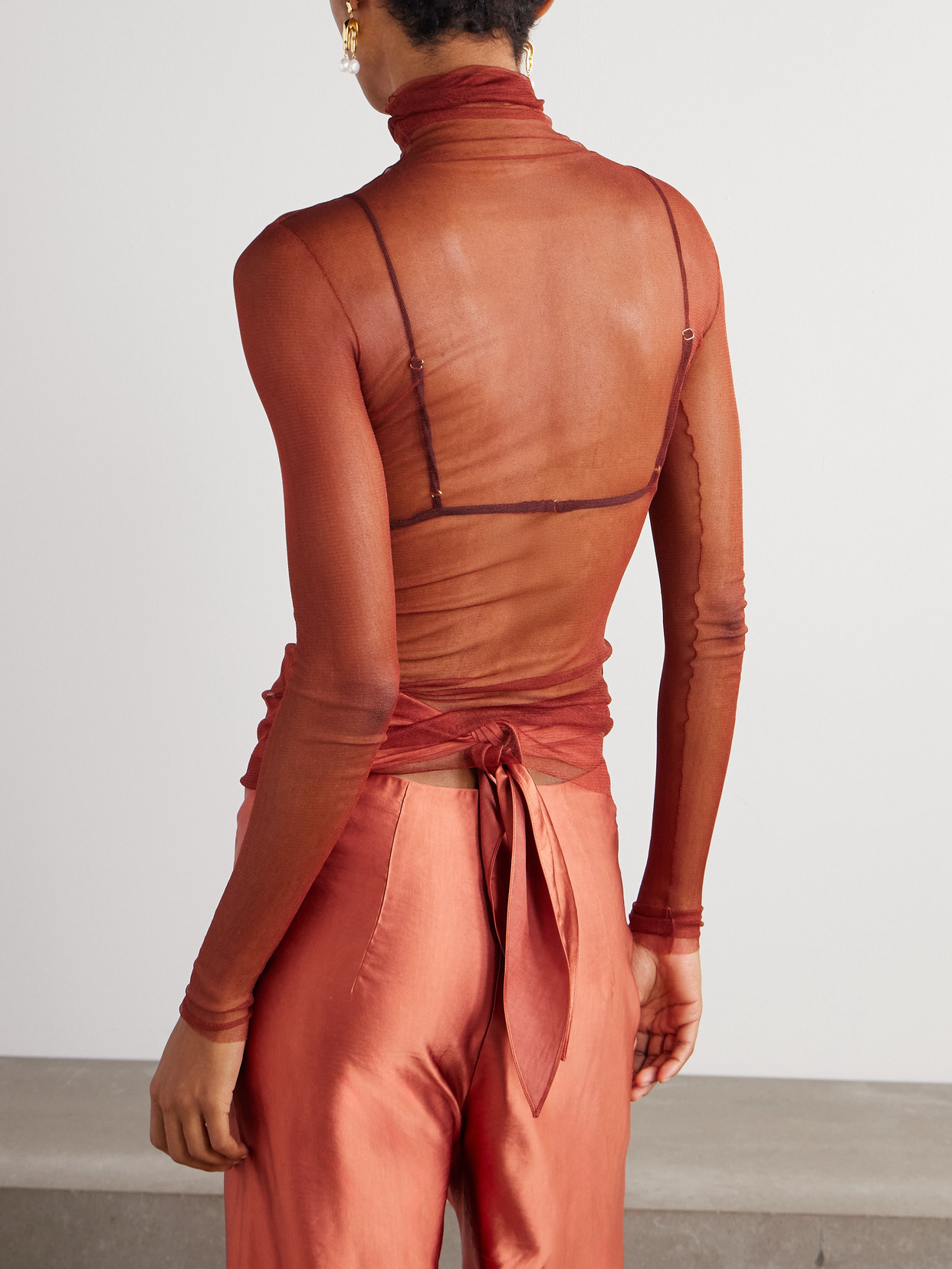 Cortana Cisne Silk-blend Tulle Turtleneck Top In Red