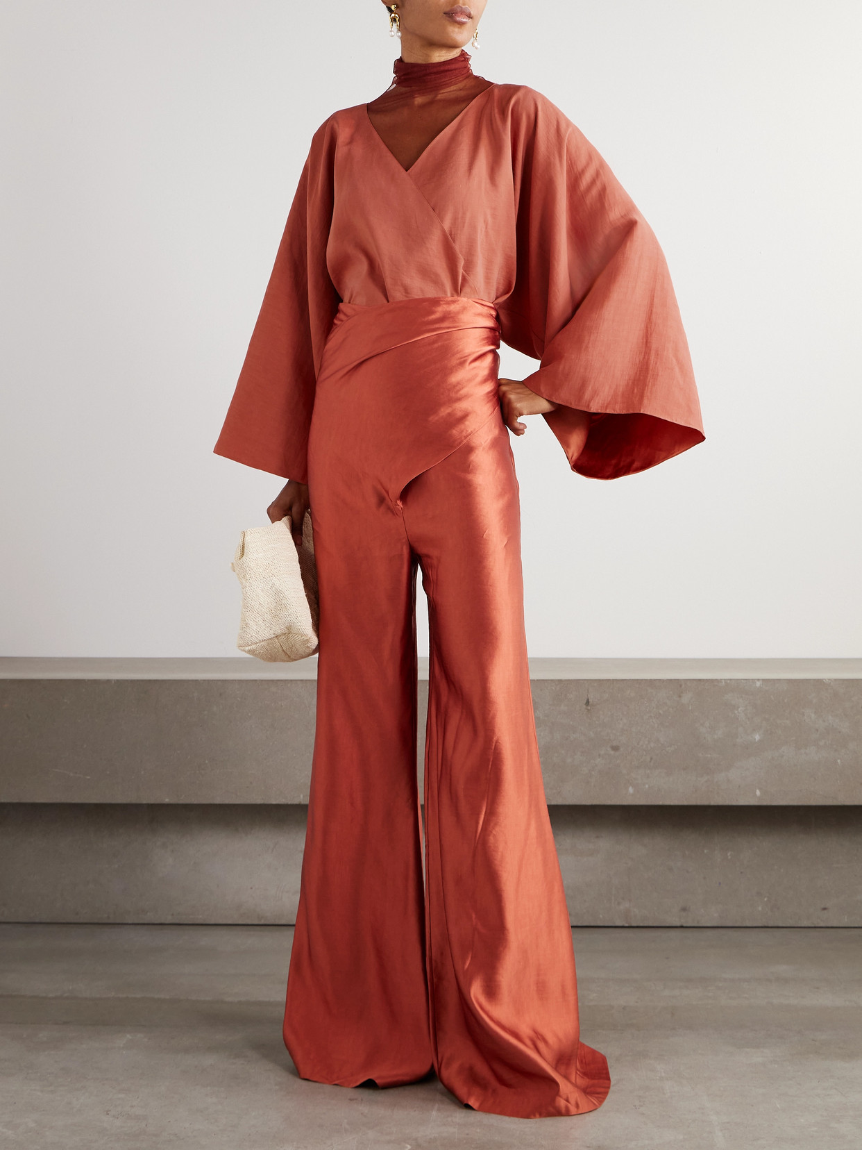 Cortana Cisne Silk-blend Tulle Turtleneck Top In Red