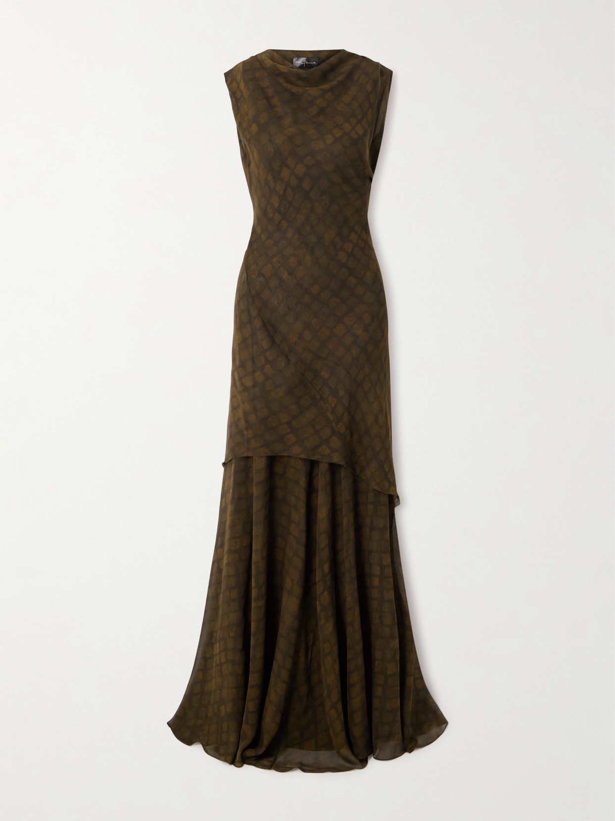 Cortana Copal Draped Layered Printed Silk-georgette Maxi Dress In Brown