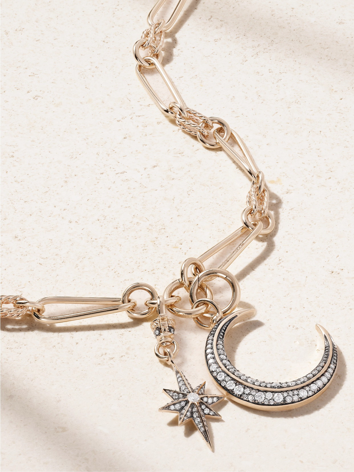 Lucy Delius Twisted Link, Victorian Star And Crescent Moon Rhodium-plated 14-karat Gold Diamond Necklace In Gold