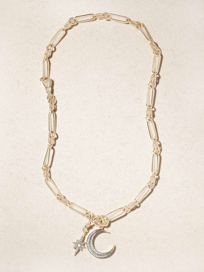 Lucy Delius Twisted Link, Victorian Star And Crescent Moon Rhodium-plated 14-karat Gold Diamond Necklace