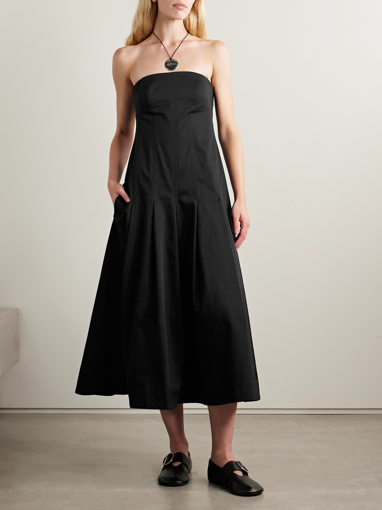 Kallmeyer Maeve Pleated Cotton-blend Twill Midi Dress In Black