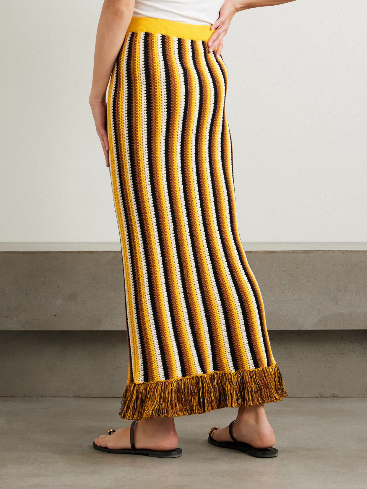 Misti Fringed Striped Crocheted Cotton Maxi
