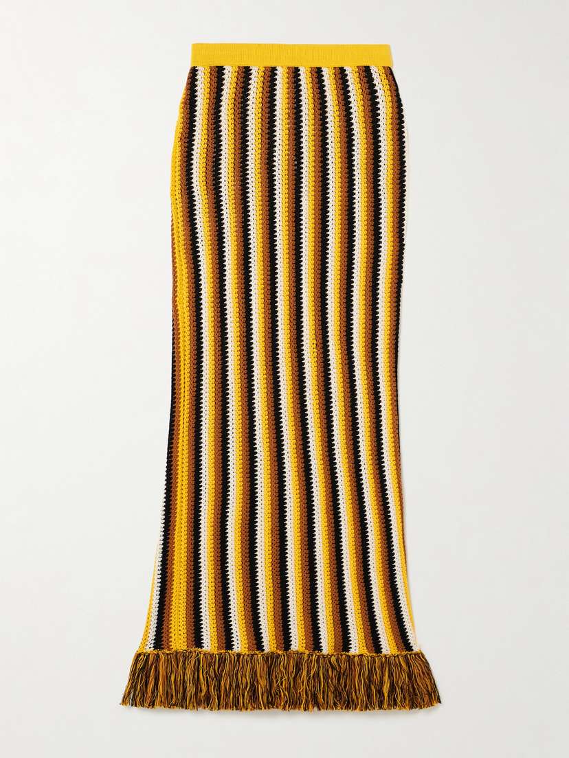 ESCVDO Misti Fringed Striped Crocheted Cotton Maxi Skirt