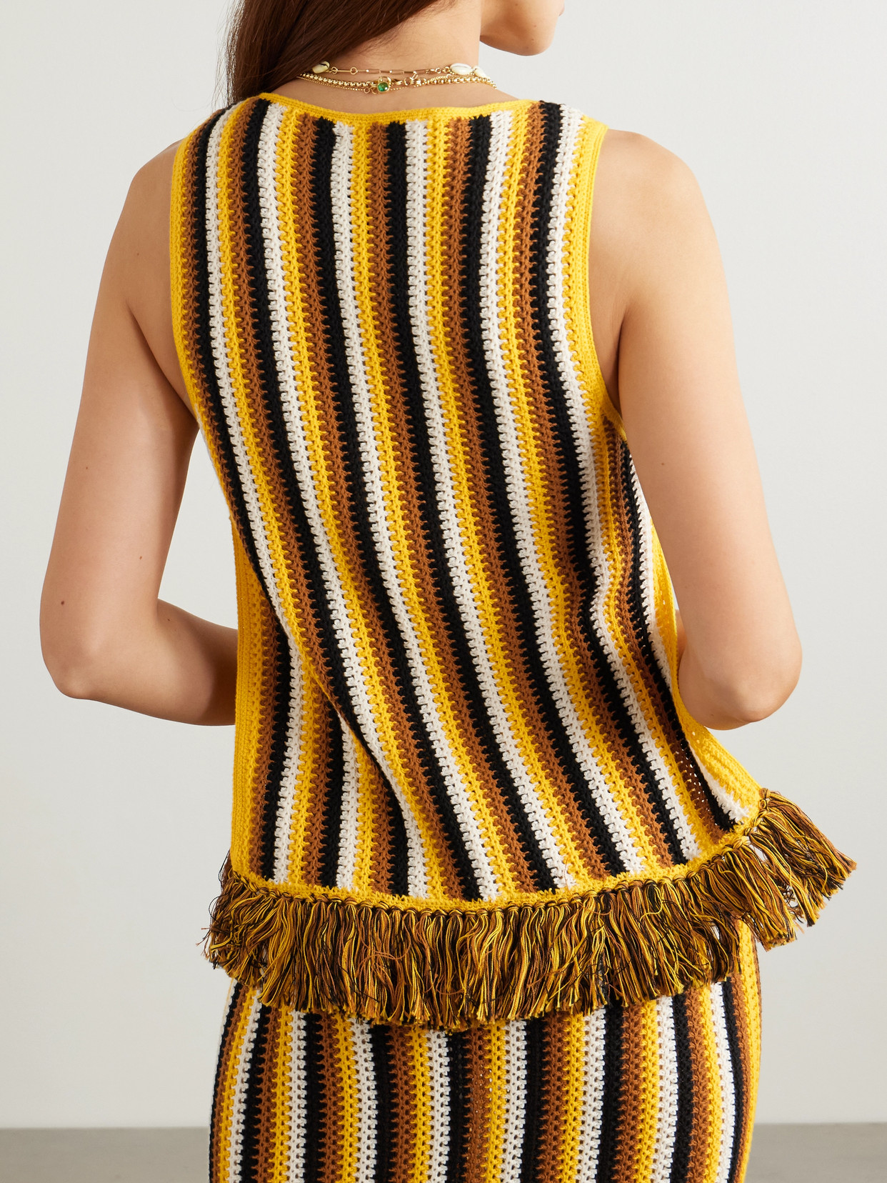 Misti Fringed Striped Crocheted Cotton Tank