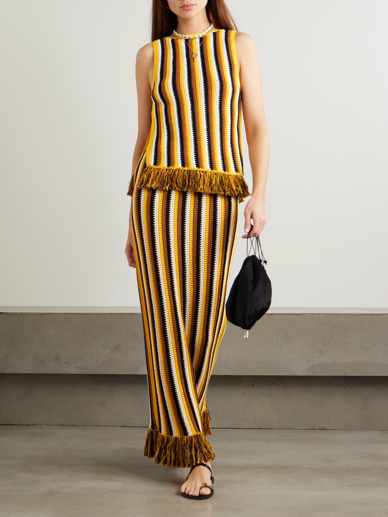 Misti Fringed Striped Crocheted Cotton Tank