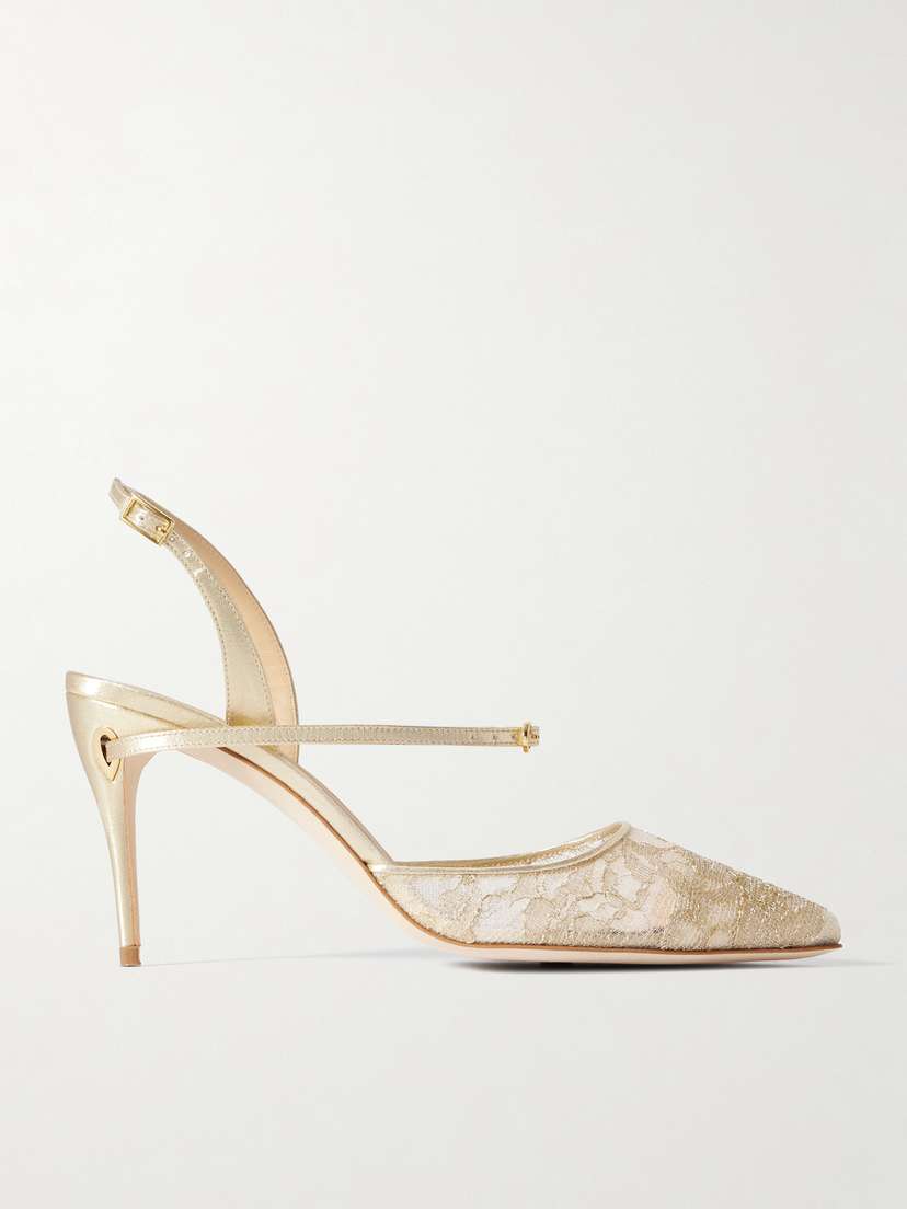 Jennifer Chamandi Vittorio 85 Lamé-trimmed Metallic Lace Slingback Pumps