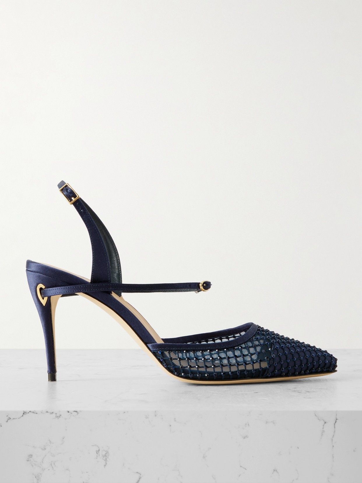 Jennifer Chamandi Vittorio 85 Crystal-embellished Mesh And Satin Slingback Pumps In Blue